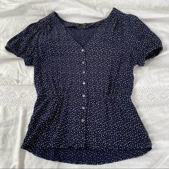 J. Crew Tops - J. Crew XS NAVY STAR Print Button-Up Peplum V-Neck Short Sleeve Top Shirt 2019